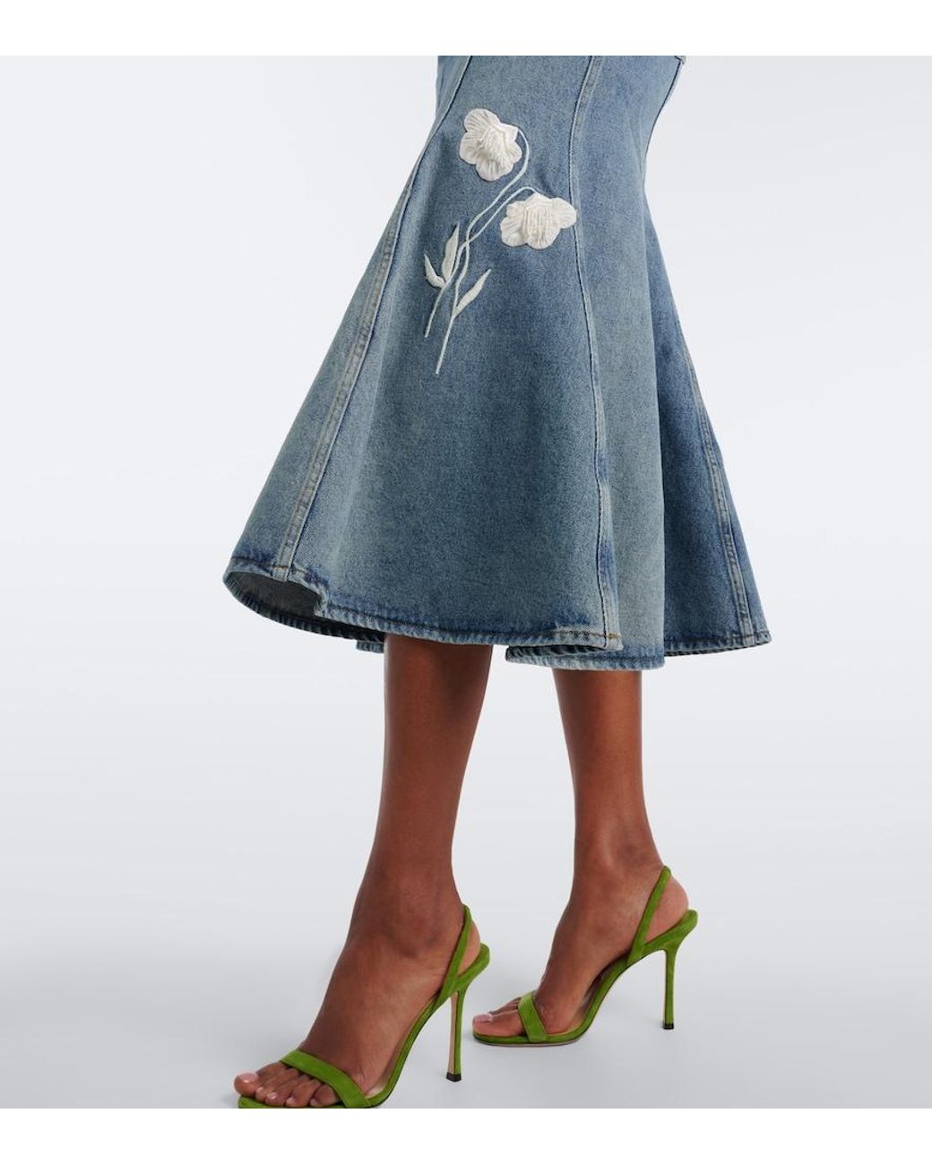 Erdem Blue Floral-Applique Denim Midi Skirt