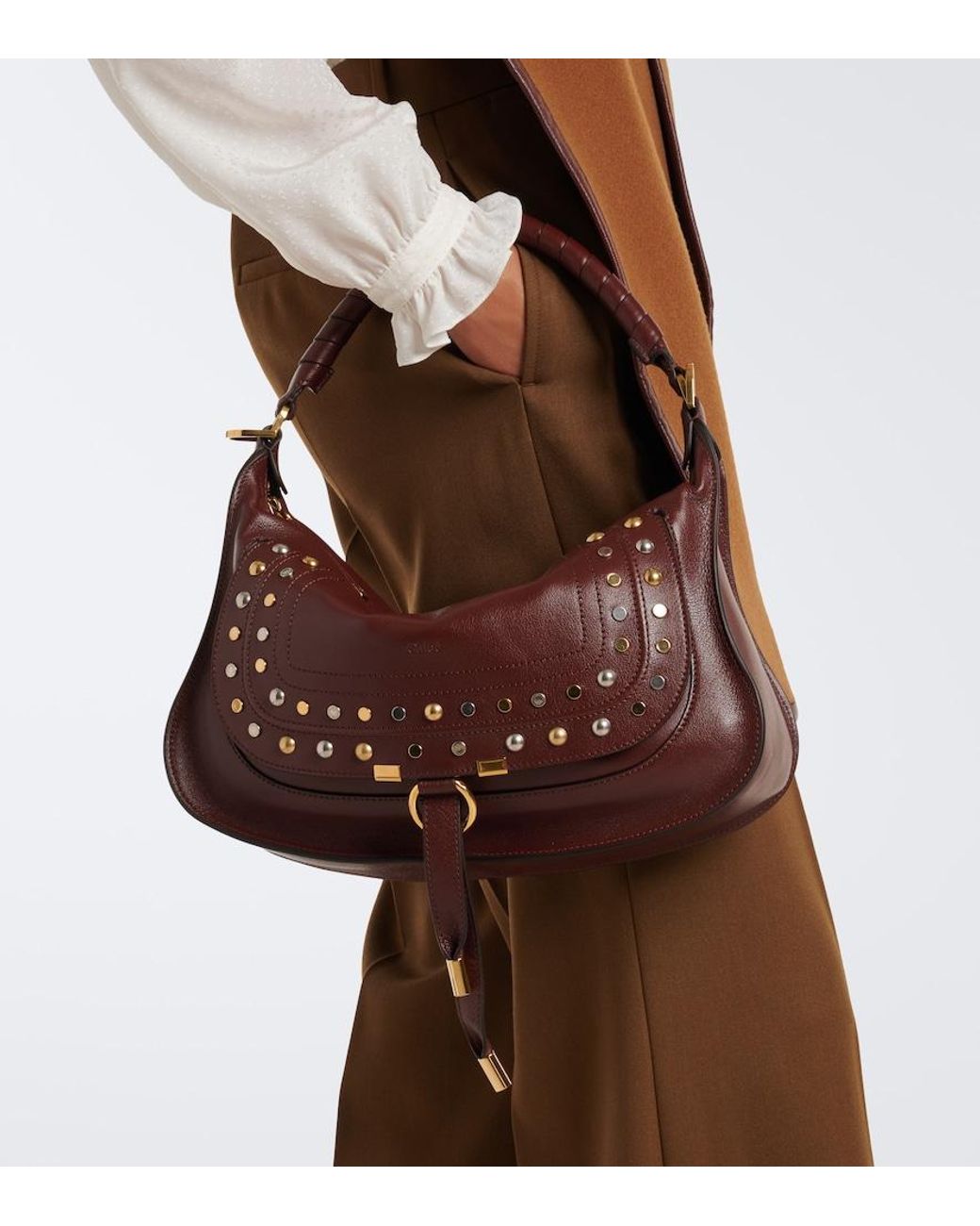 Chloé Brown Marcie Medium Studded Leather Shoulder Bag