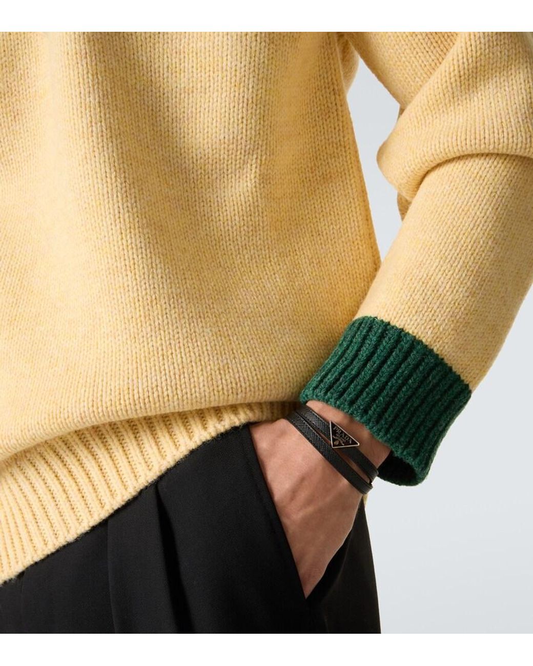 Bracelet En Cuir Saffiano A Logo Prada pour homme en coloris Black
