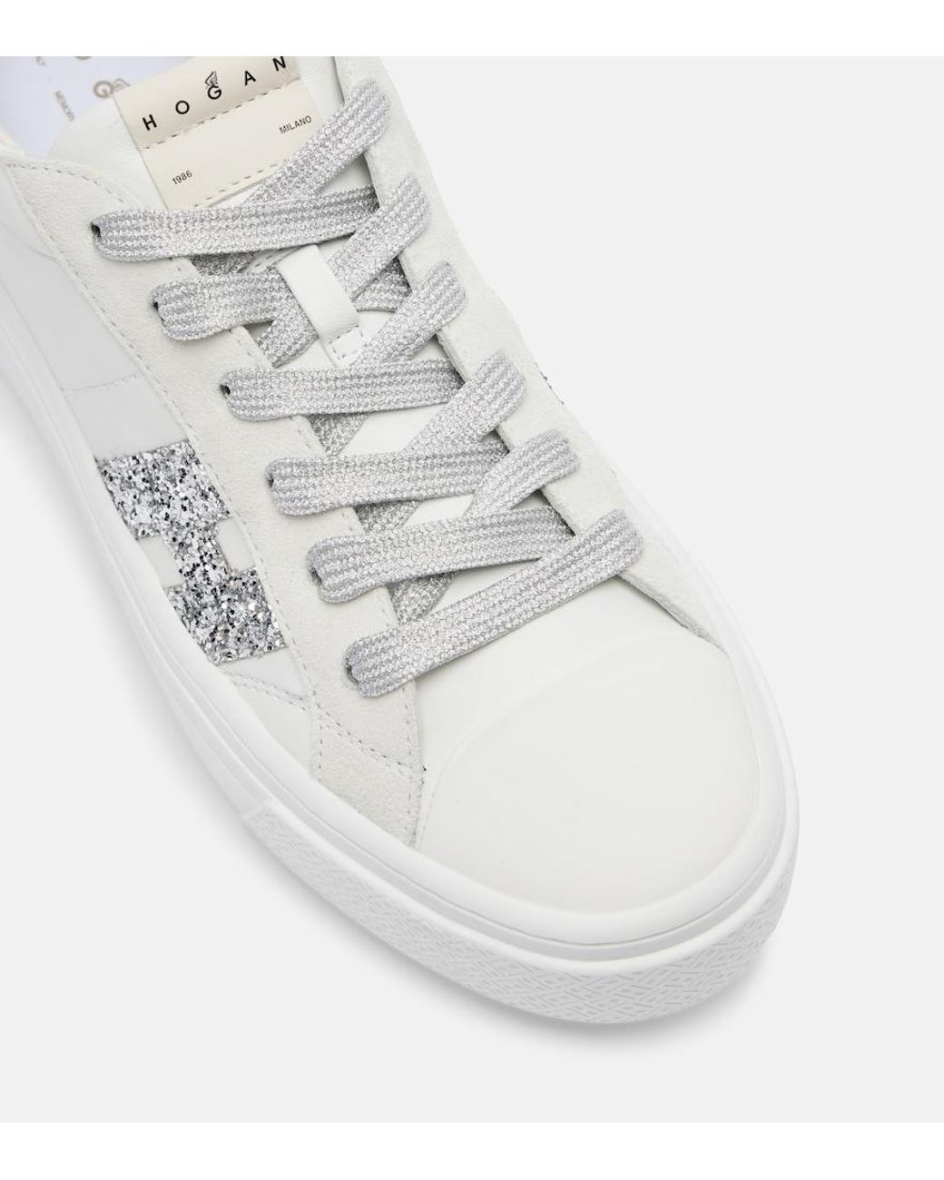 Hogan White H705 Allacciato H Glitter Leather Platform Sneakers