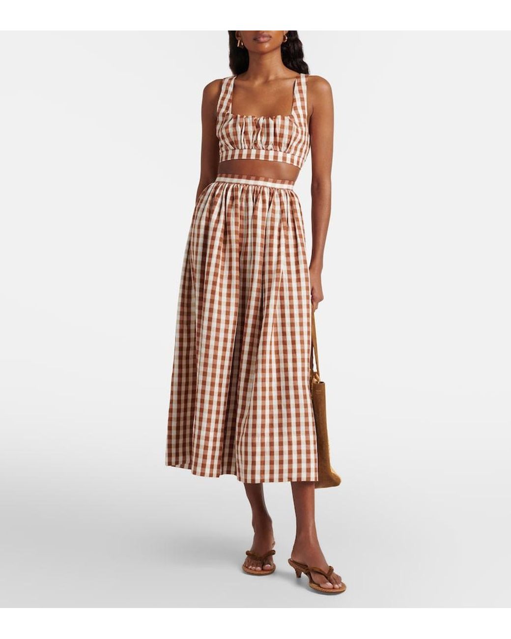 Faithfull The Brand Brown Ida Gingham Linen Midi Skirt