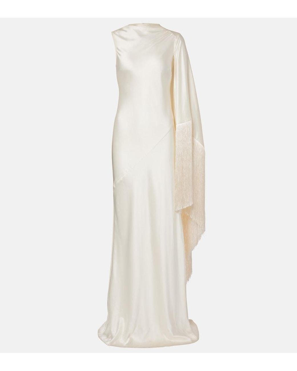 Self-Portrait White Caped Fringed Satin Gown