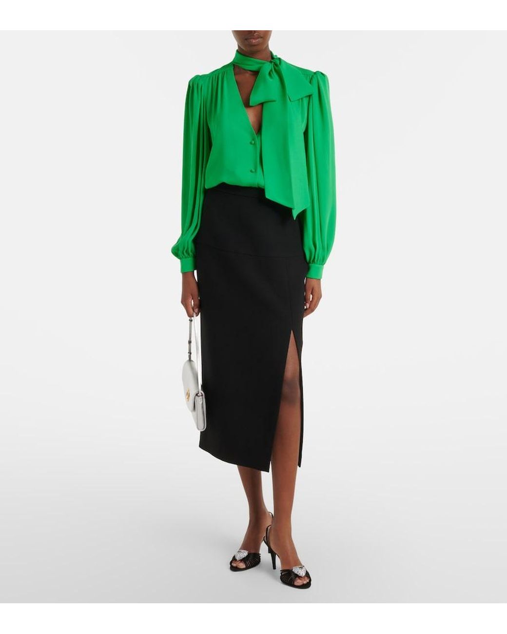 Valentino Garavani Green Tie-Neck Silk Georgette Blouse