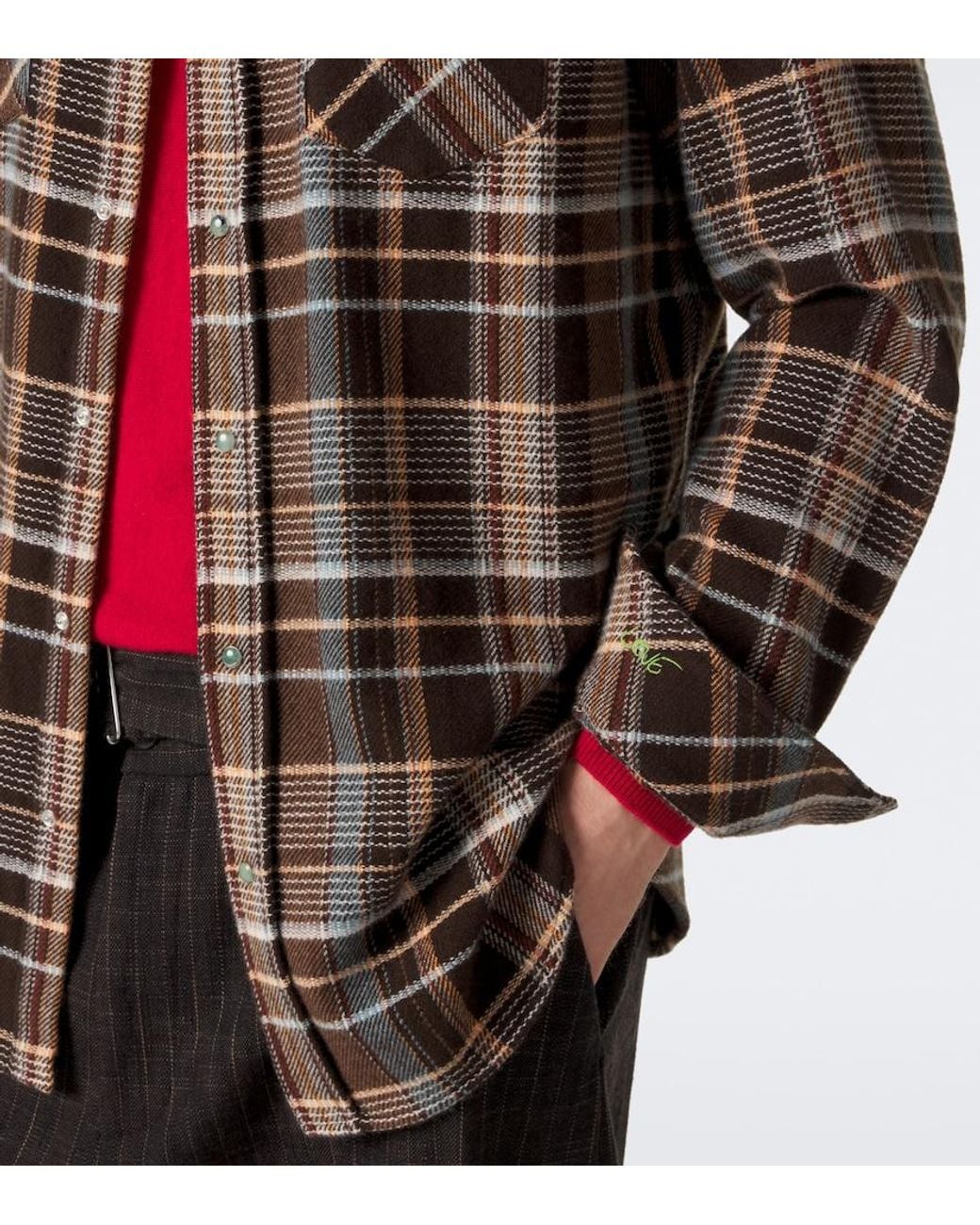 God's True Cashmere Brown Wilderness Plaid Cashmere Shirt With Emeralds for men