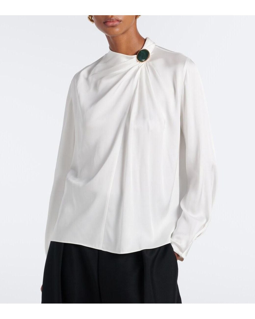 Vince White Gathered Silk-Blend Satin Blouse
