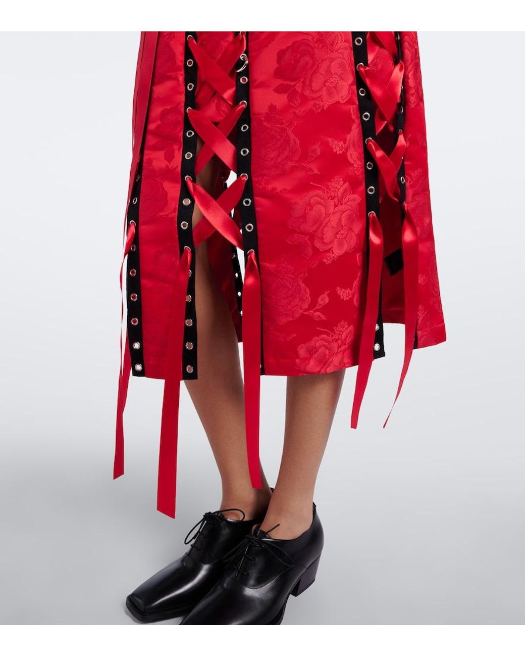 Simone Rocha Red Bow-Detail Floral Brocade Midi Skirt