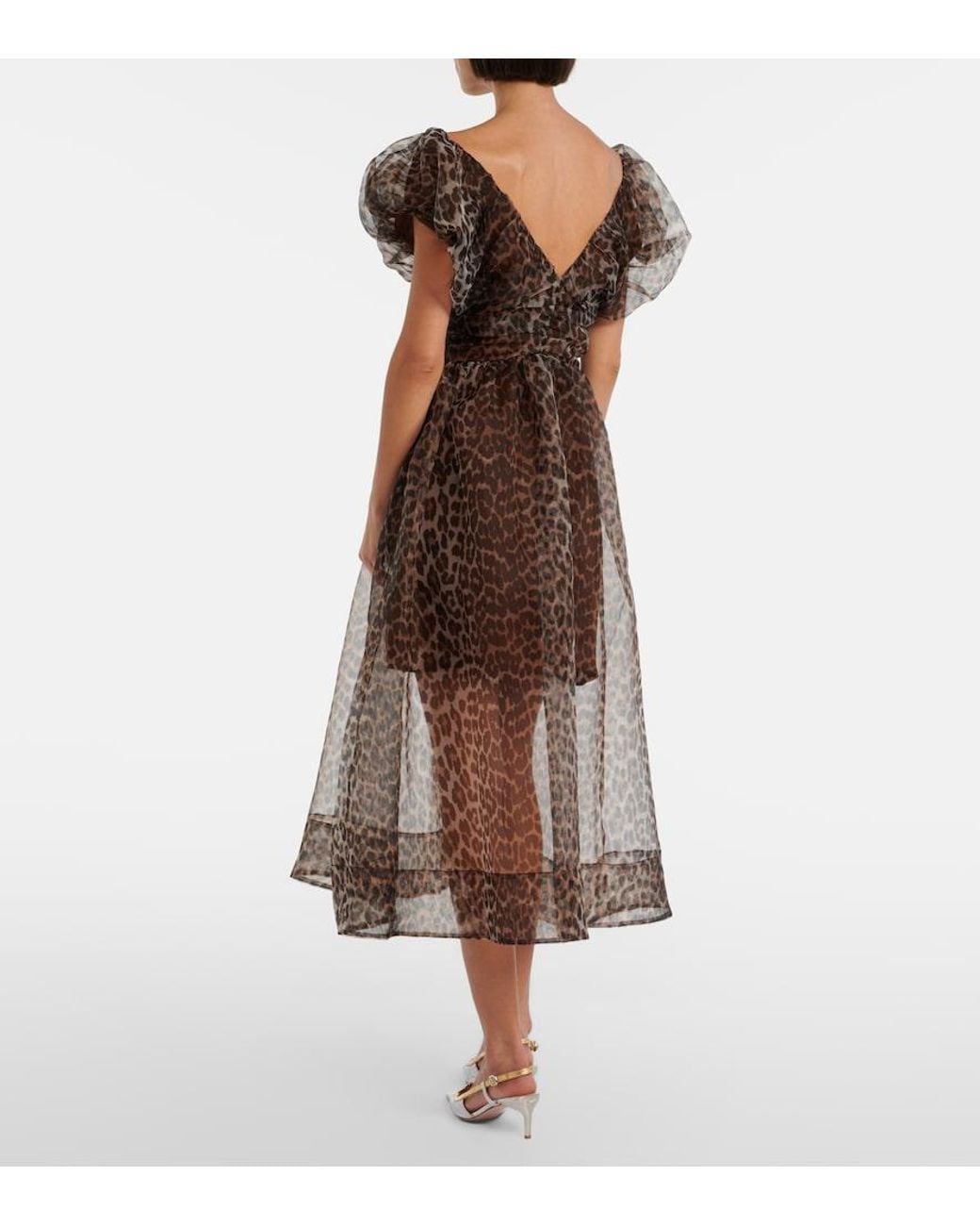 Ganni Brown Leopard-Print Organza Midi Dress