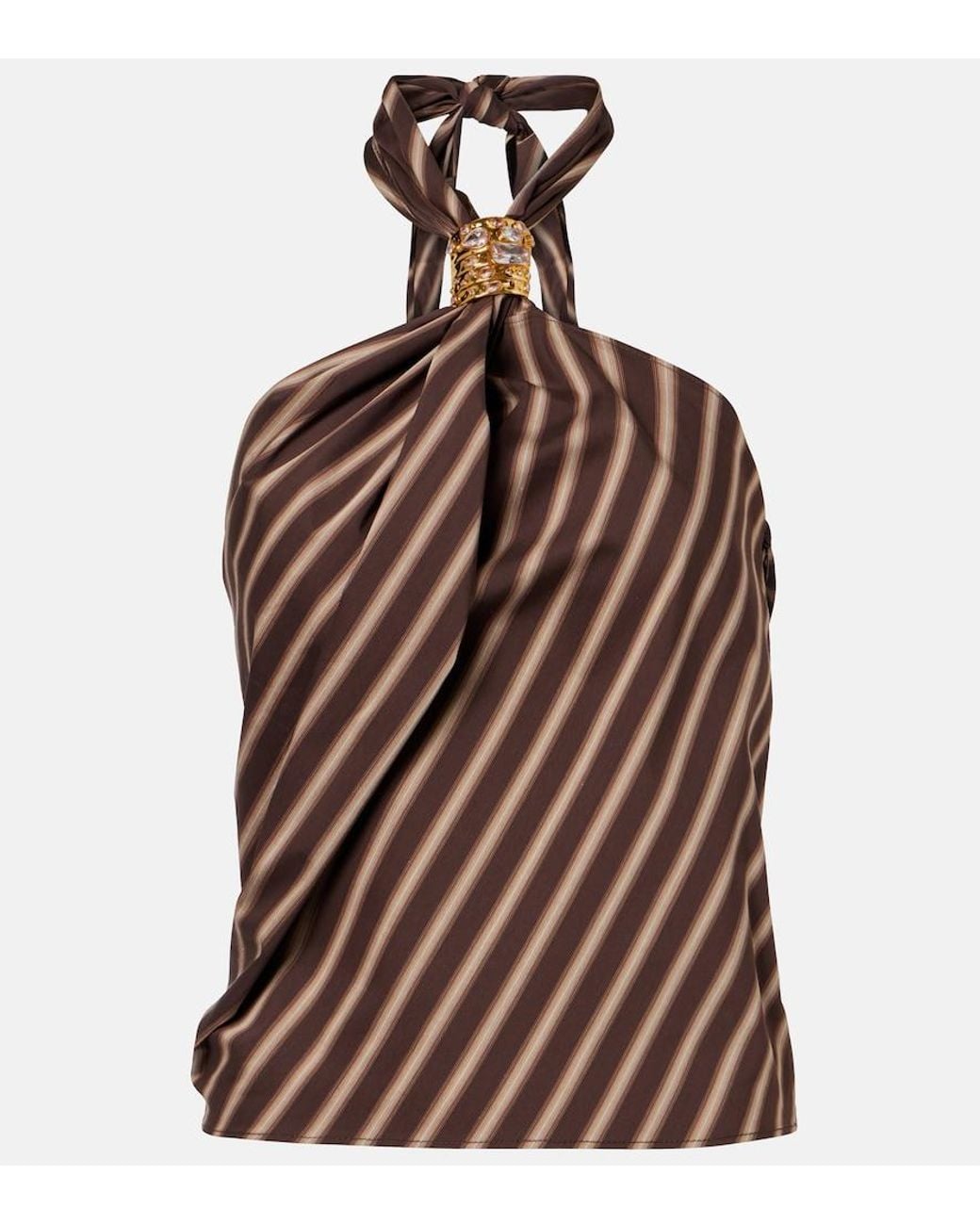 JACQUES WEI Brown Gathered Striped Cotton-Blend Top