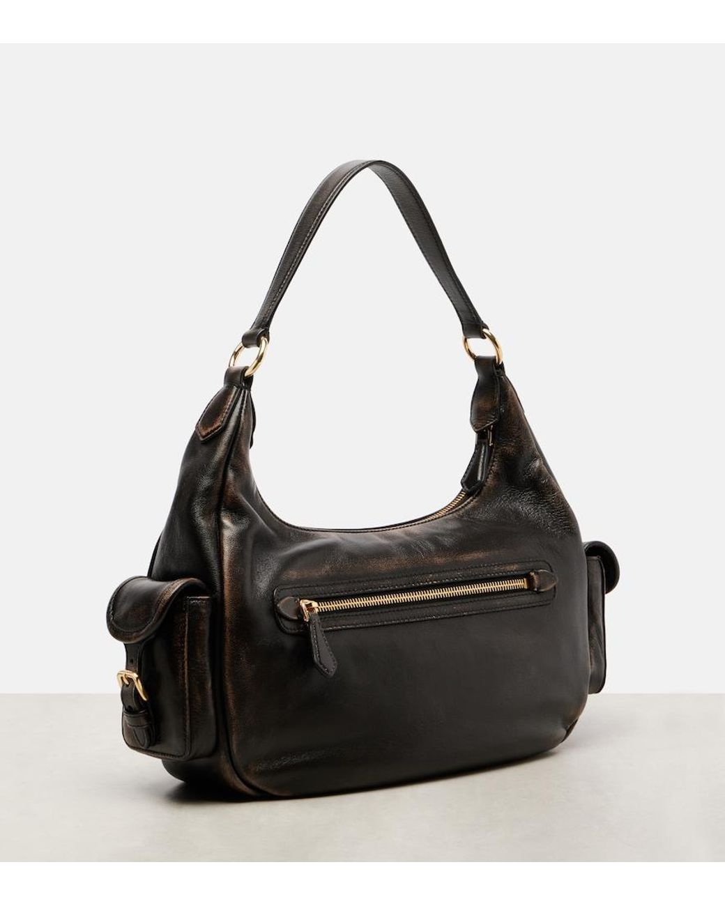 Miu Miu Black Distressed Leather Shoulder Bag