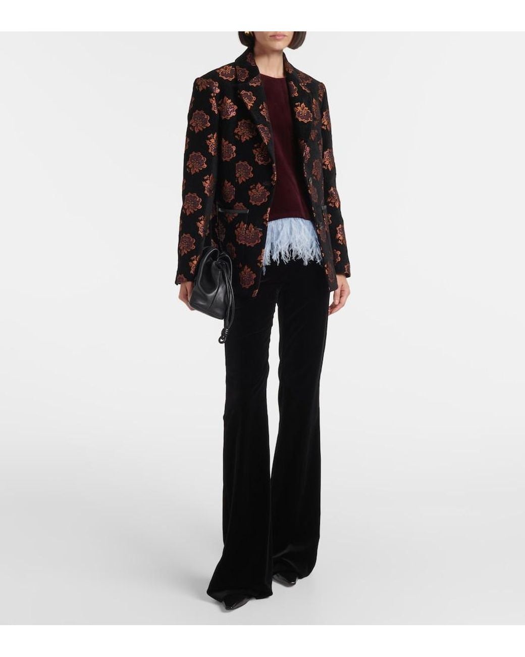 LaDoubleJ Red La Scala Feather-Trimmed Cotton Velvet Top