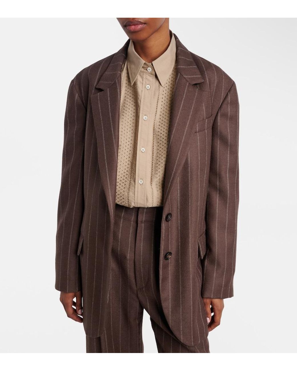 Brunello Cucinelli Brown Belted Pinstriped Virgin Wool Blazer