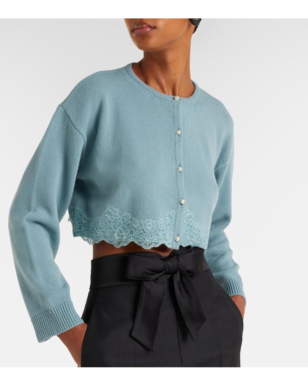 Valentino Garavani Blue Lace-Trimmed Cropped Virgin Wool Cardigan
