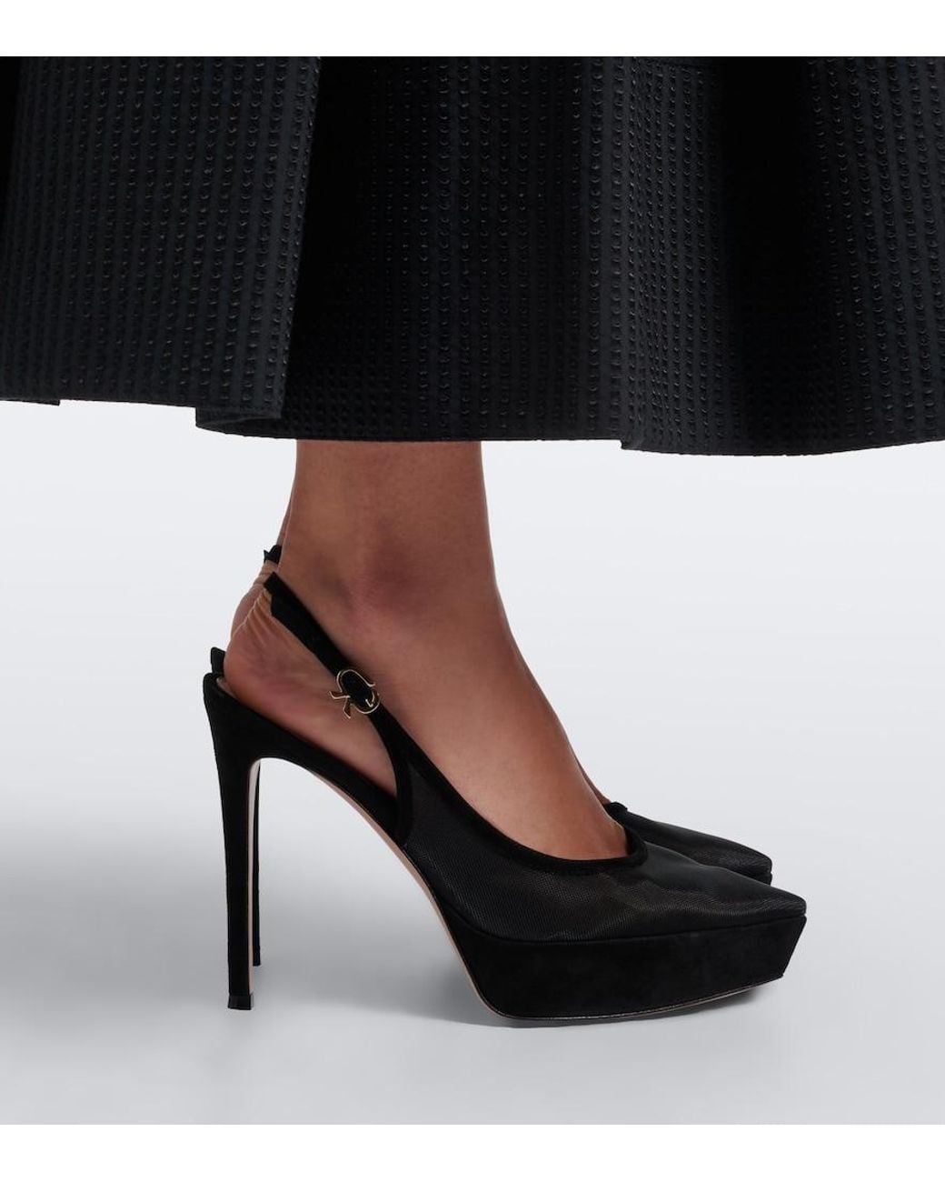 Gianvito Rossi Black Suede-Trimmed Mesh Platform Slingback Pumps