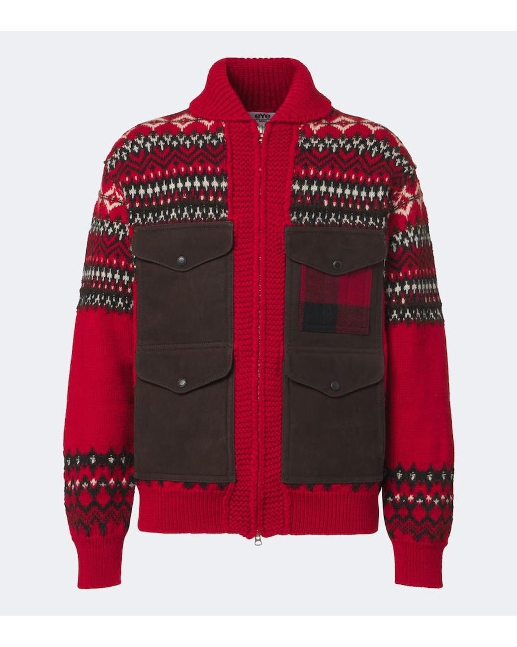 Junya Watanabe Red Suede-Trimmed Wool Zip-Up Cardigan for men