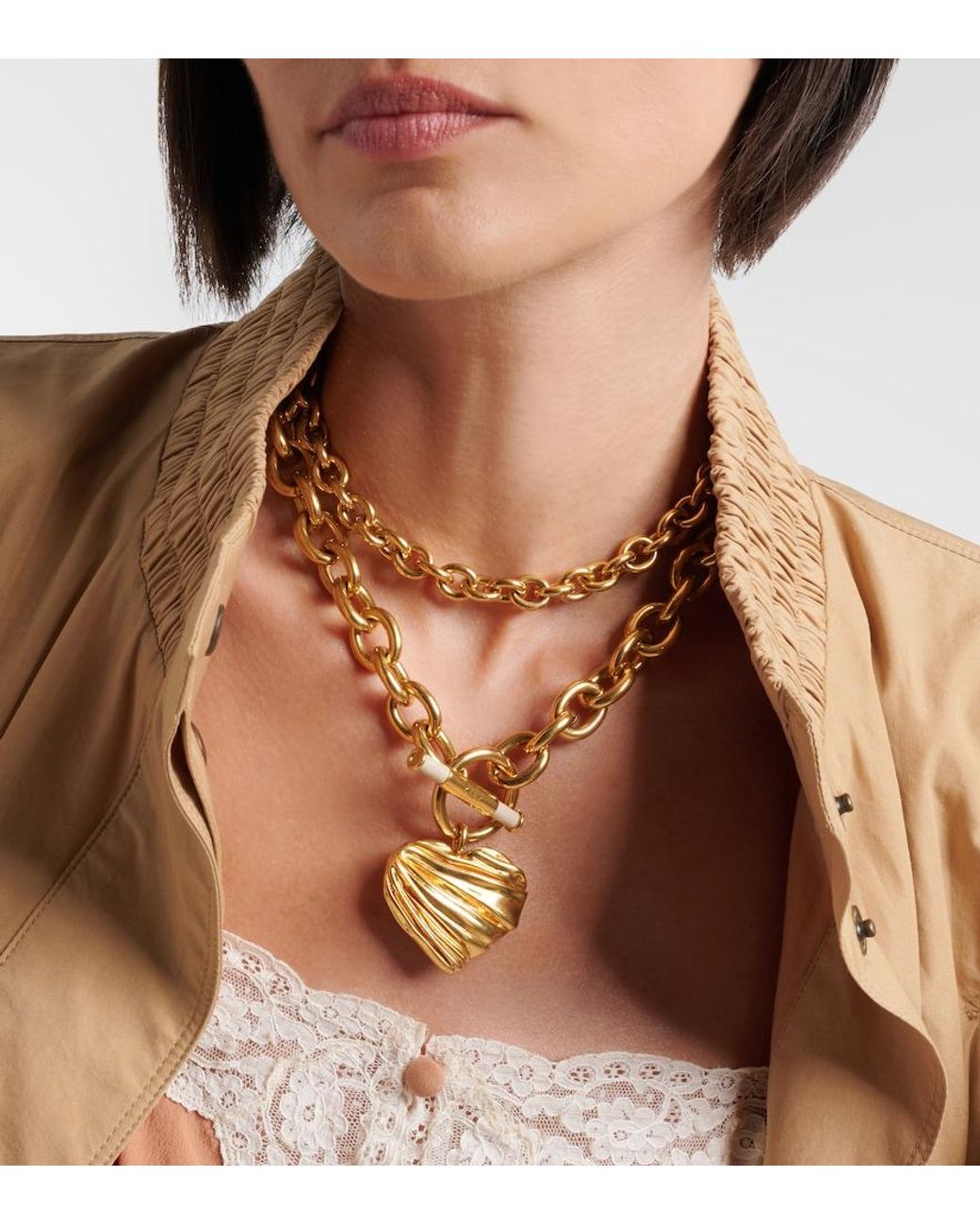 Chloé Metallic Pleated Heart Pendant Necklace