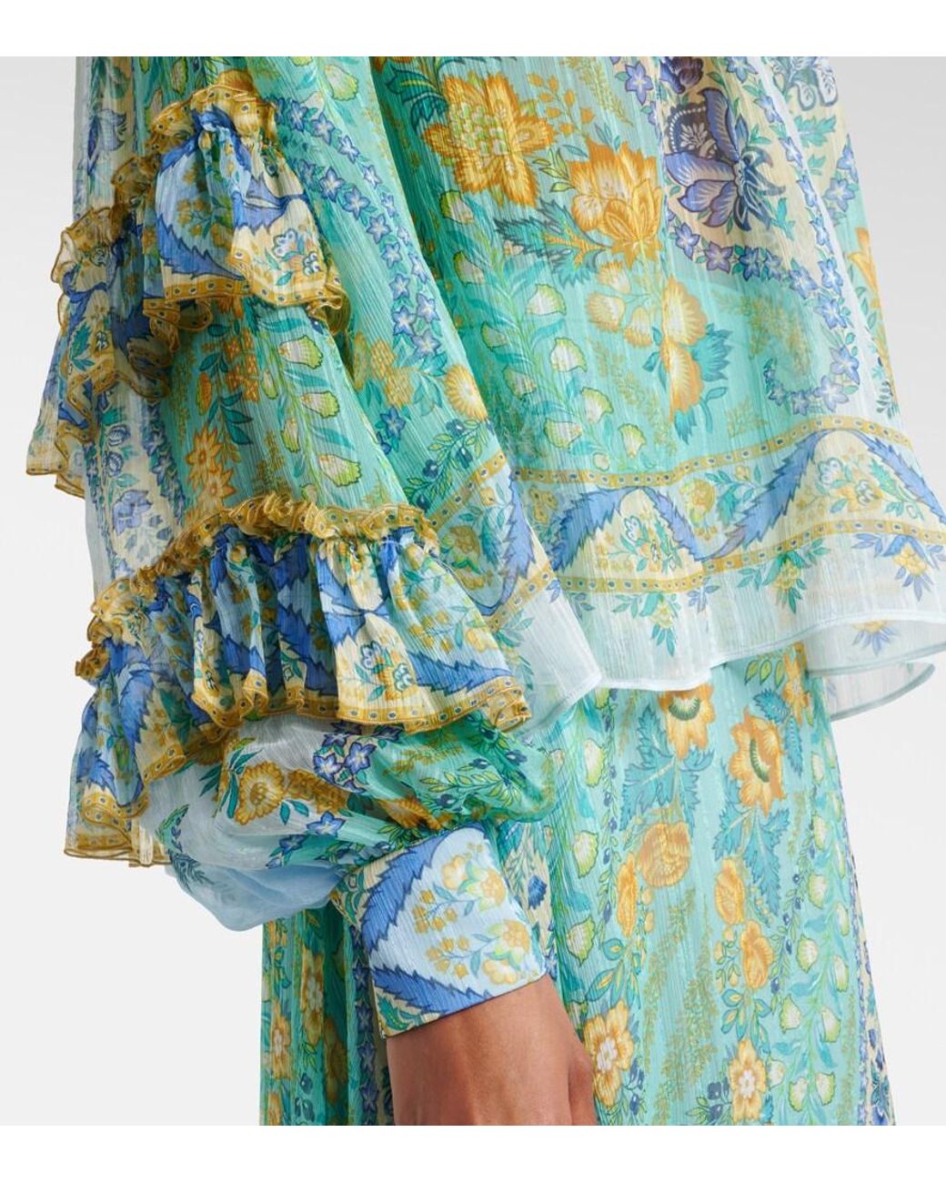 Etro Green Floral Ruffled Silk Blouse