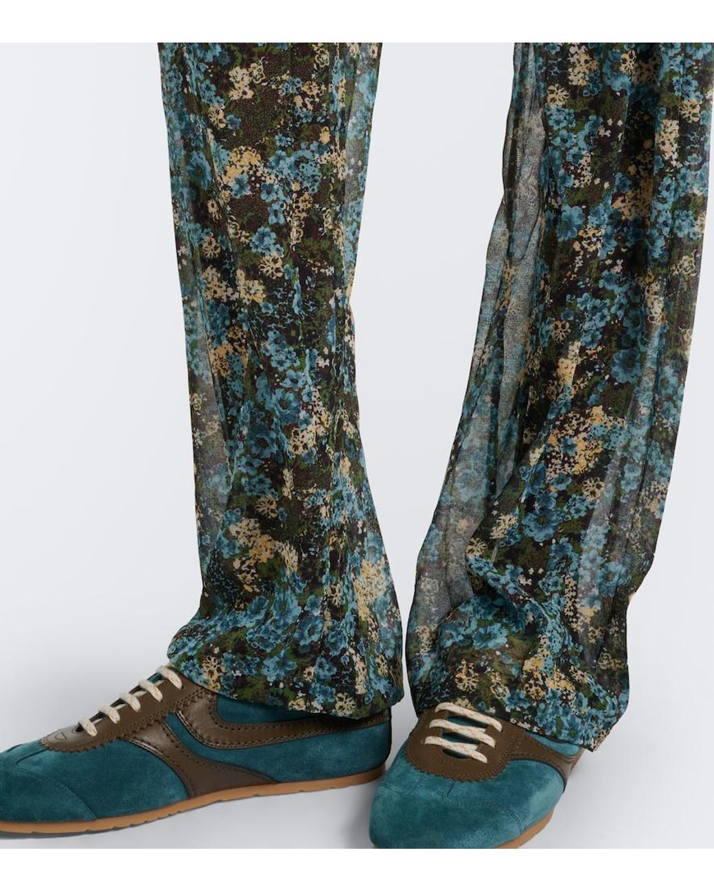 Dries Van Noten Blue Semi-Sheer Floral Wide-Leg Pants