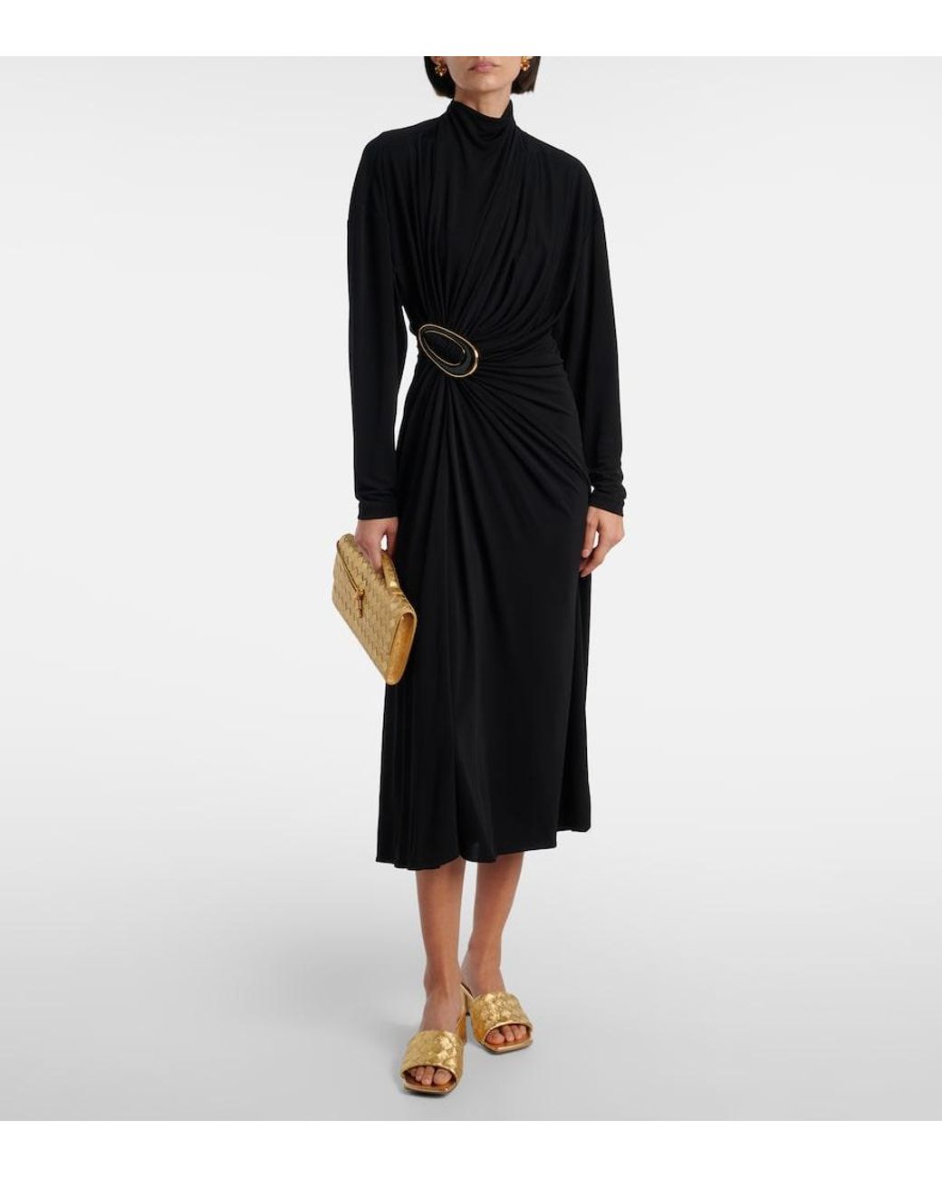 Bottega Veneta Black Gathered Crepe Jersey Midi Dress
