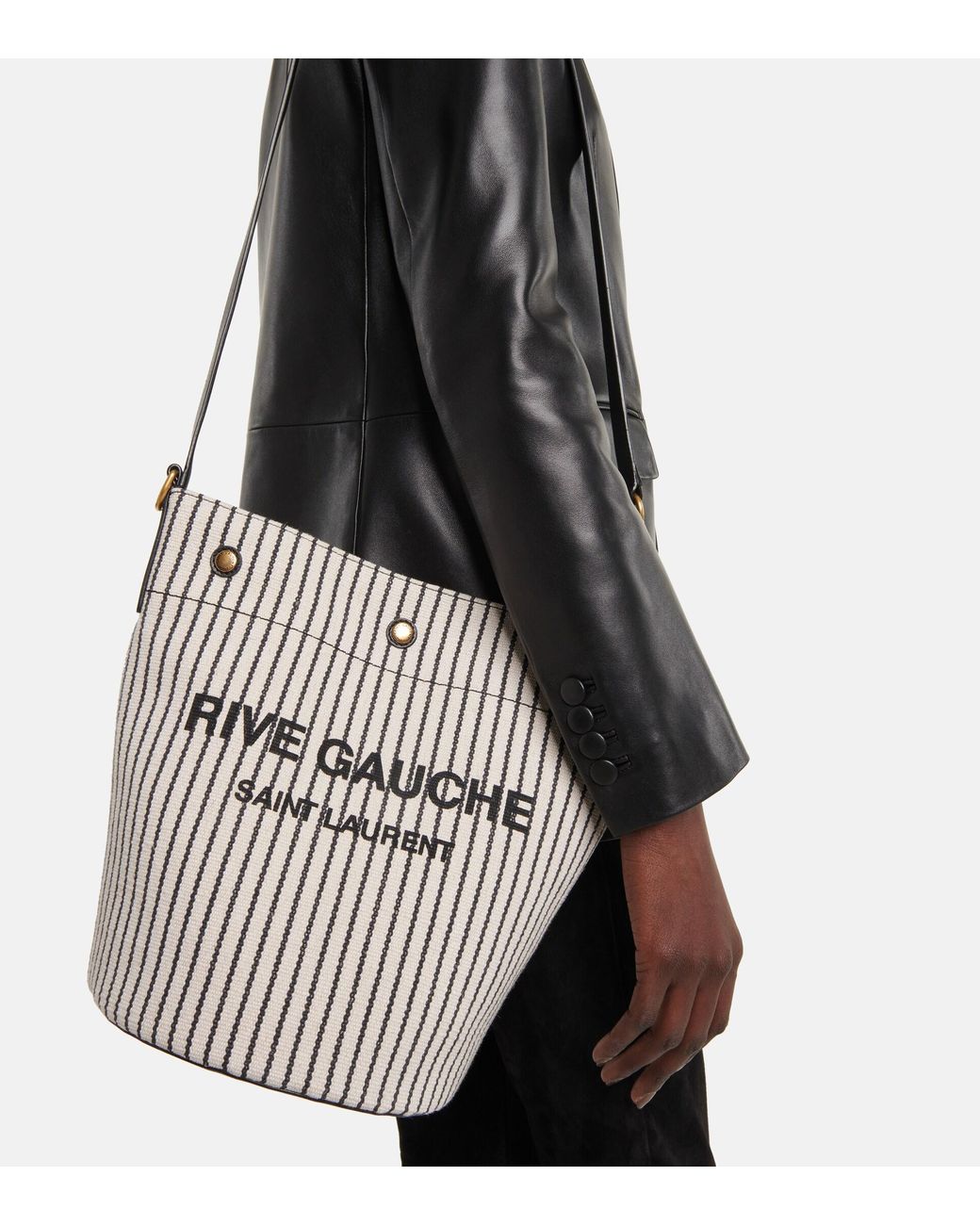RIVE GAUCHE BUCKET BAG IN STRIPED CANVAS AND LEATHER