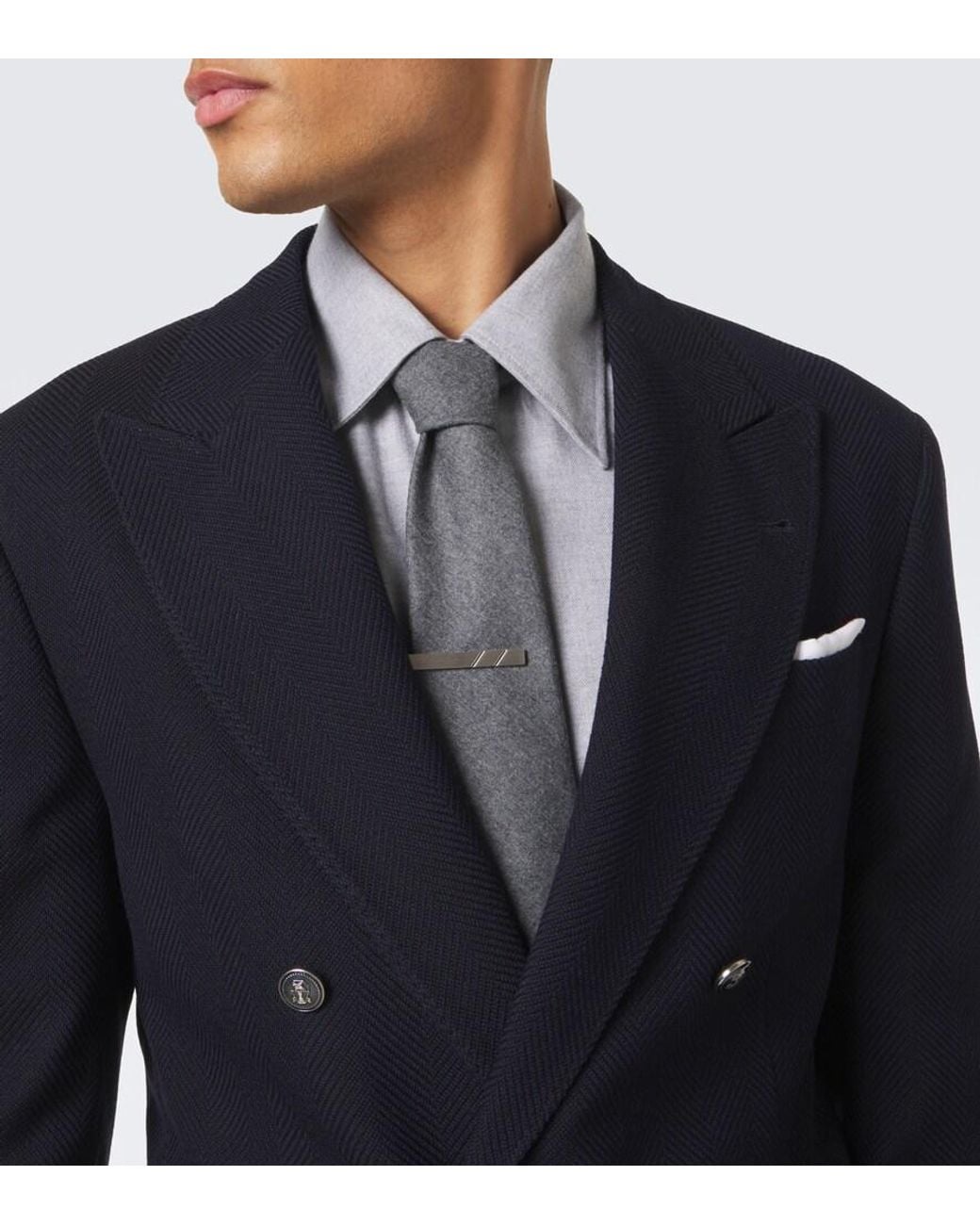 Brunello Cucinelli Blue Herringbone Wool And Cotton Blazer for men
