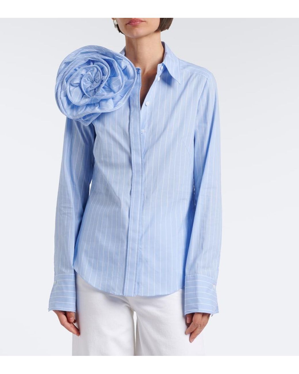 Dorothee Schumacher Blue Striped Power Floral-Applique Cotton-Blend Shirt