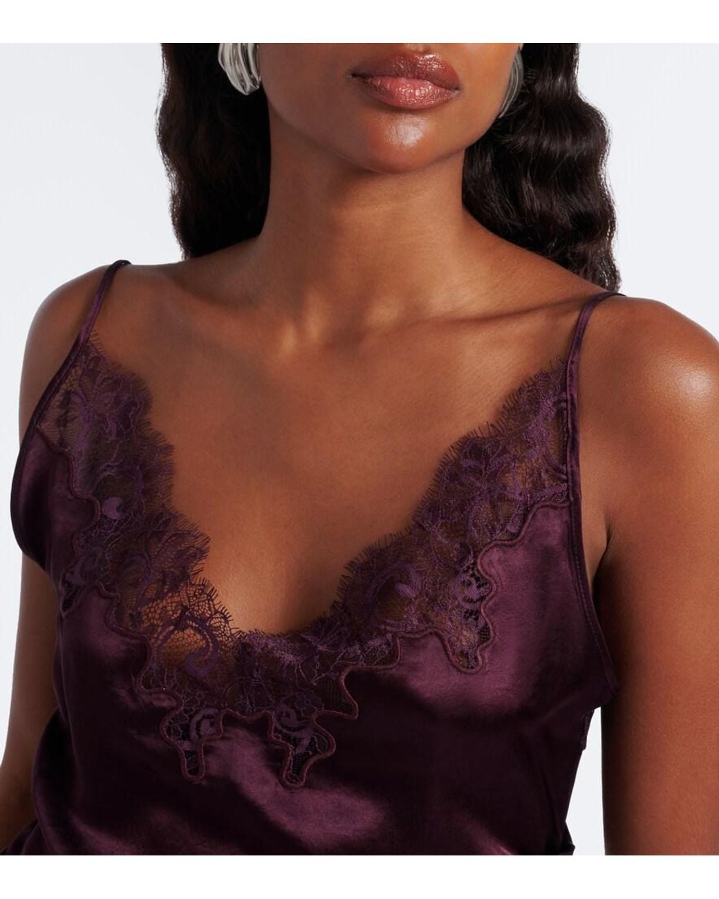 JACQUES WEI Purple Ruched Lace-Trimmed Satin Camisole