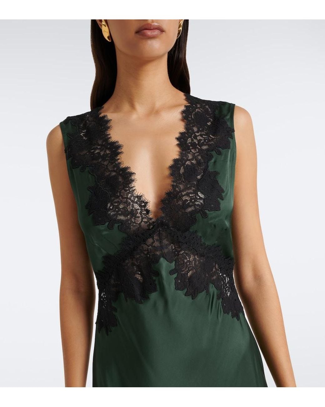 Rixo Green Lysandra Lace-Trimmed Satin Midi Dress