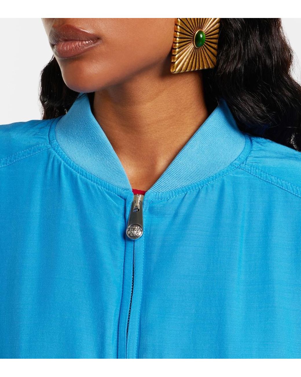 Versace Blue Oversized Silk Poplin Blouson Jacket
