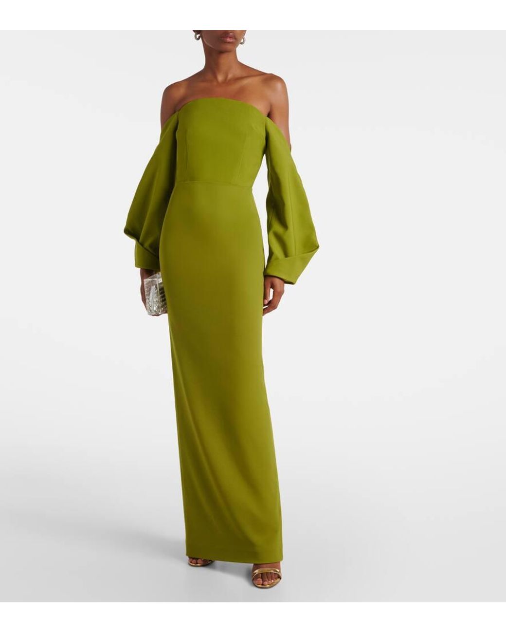 lorena midi dress in bright green solace london Lotta Off-Shoulder Crepe Gown Fabric:Luxe satin
