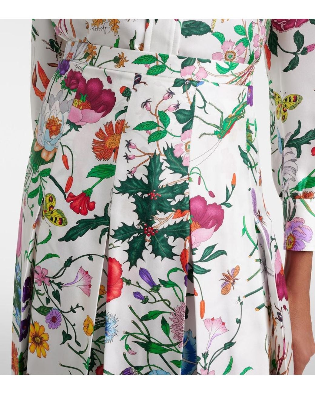 Gucci White Flora Pleated Silk Midi Skirt