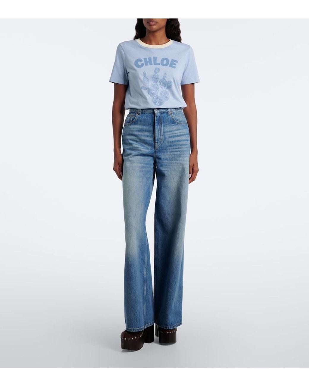 Chloé Blue Logo Printed Cotton Jersey T-Shirt