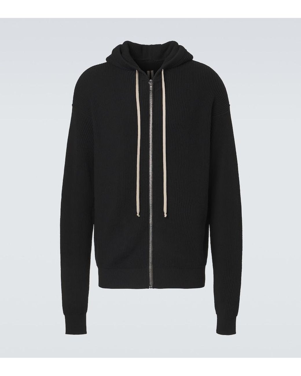 Rick Owens Black Ribbed-Knit Virgin Wool Hoodie for men
