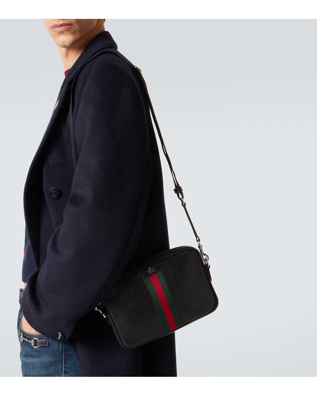 Gucci Black Web Trademark Small Leather Crossbody Bag for men