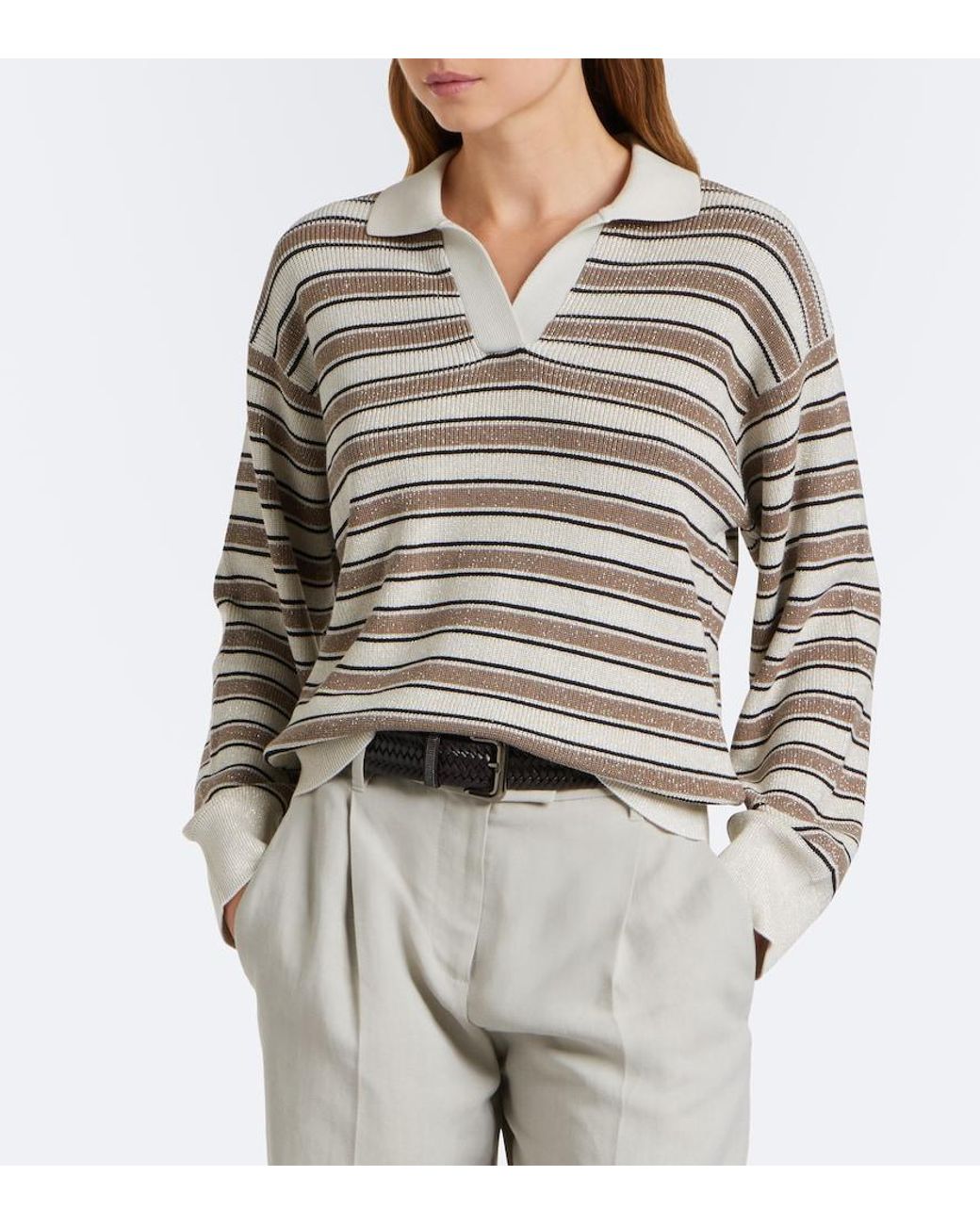 Brunello Cucinelli Gray Striped Cotton-Blend Polo Sweater