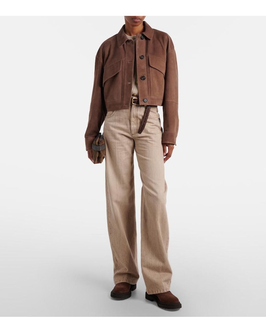 Brunello Cucinelli Brown Monili Cropped Suede Jacket