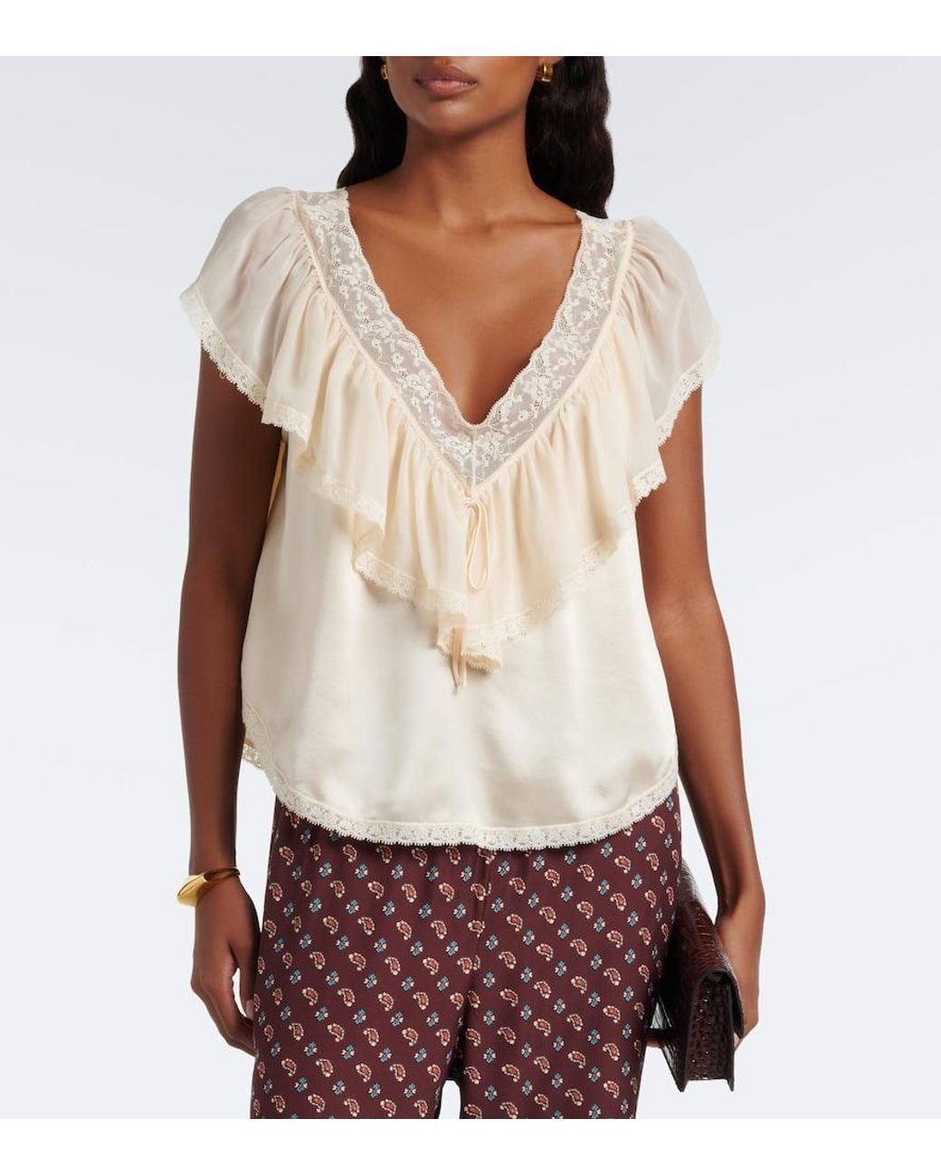 Doen Natural Yadira Lace-Trimmed Ruffled Silk Blouse