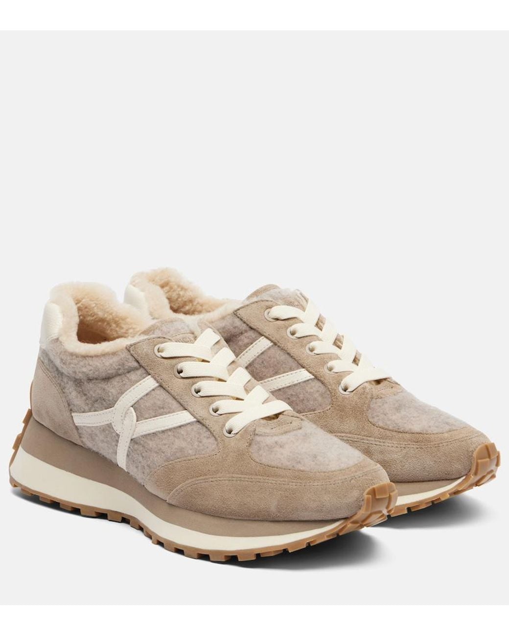 Veronica Beard Natural Valentina Suede-Trimmed Leather Sneakers