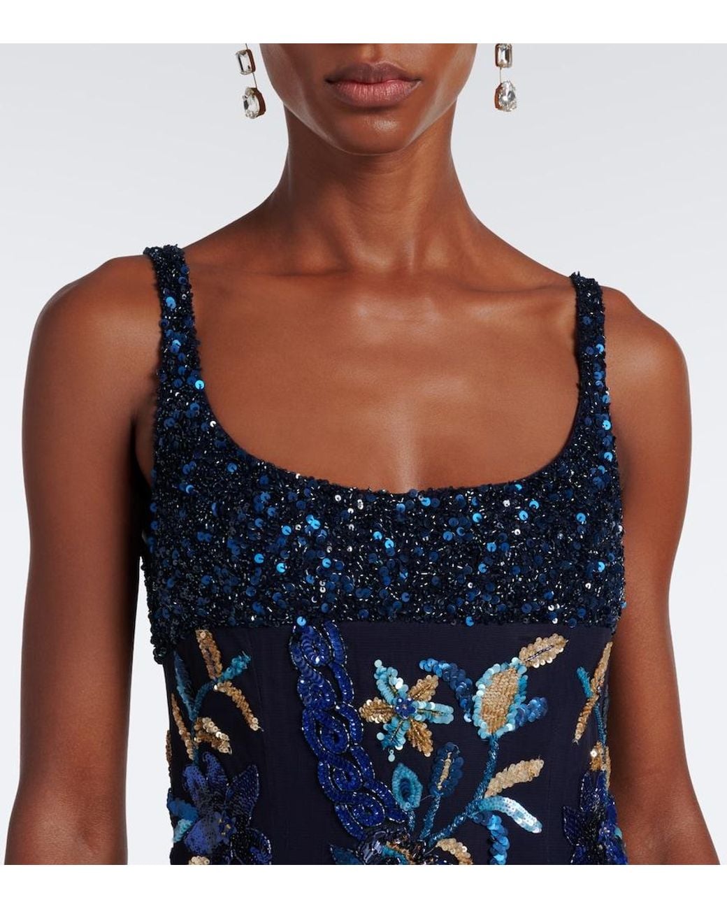 La Fuori Blue Embellished Floral Mesh Gown