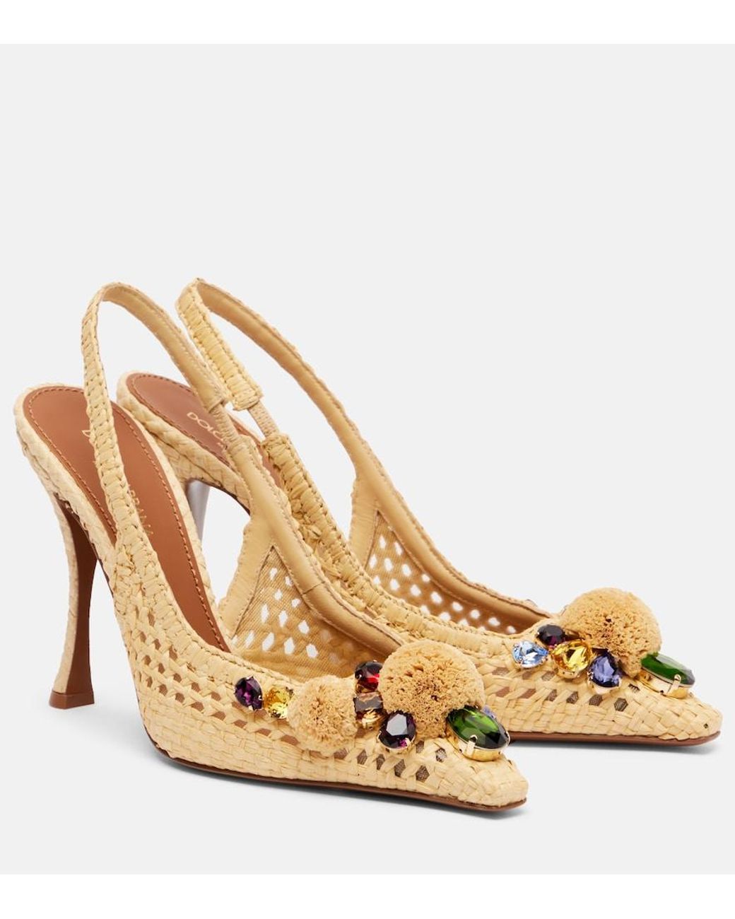 Dolce & Gabbana Metallic Embellished Raffia-Effect Slingback Pumps