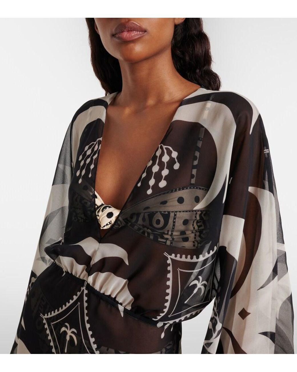 Johanna Ortiz Gray Printed Sheer Beach Cover-Up