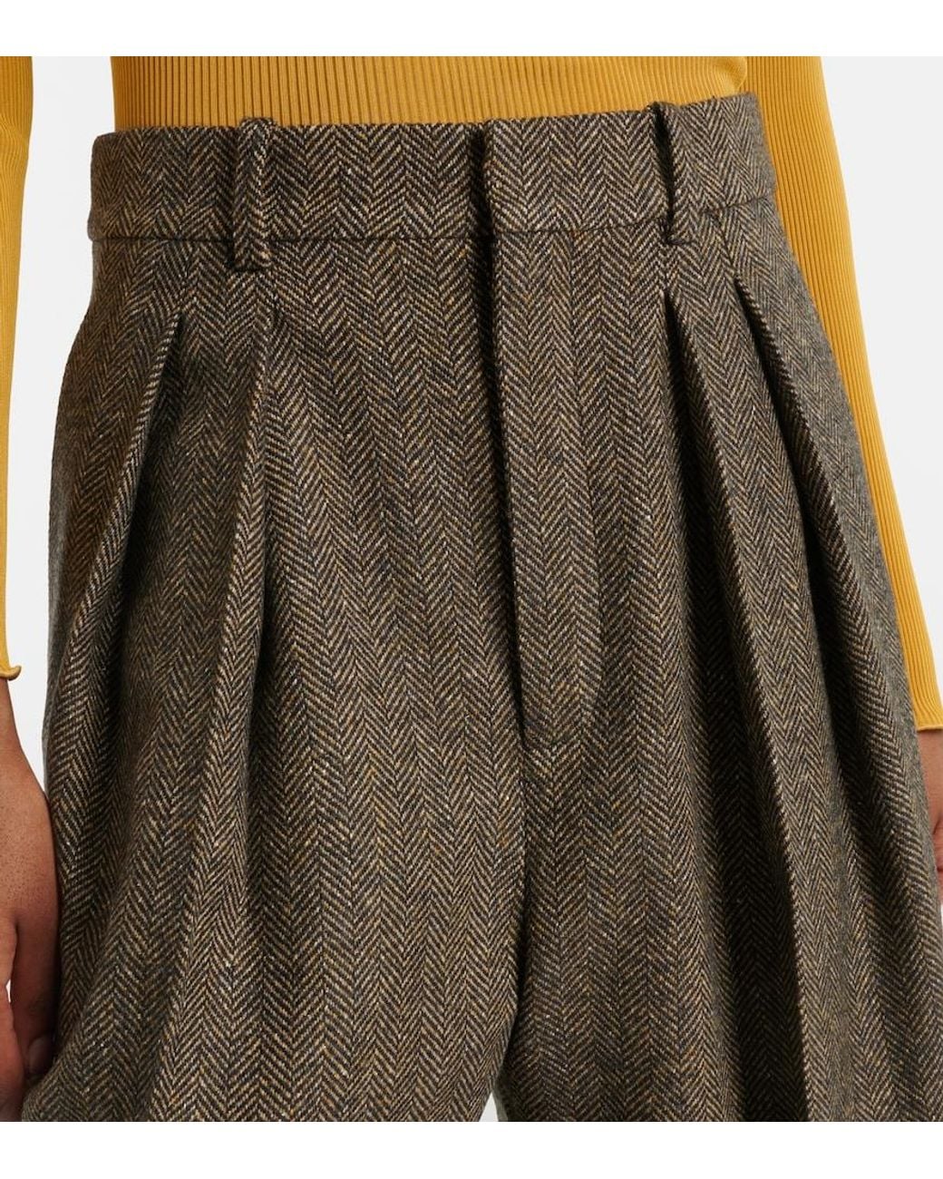 Saint Laurent Brown Herringbone Wool-Blend Wide-Leg Pants