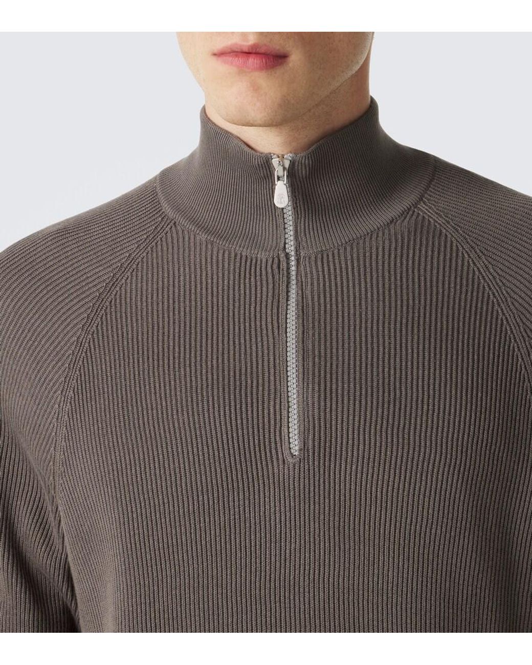 Brunello Cucinelli Gray Ribbed-Knit Half-Zip Cotton Sweater for men