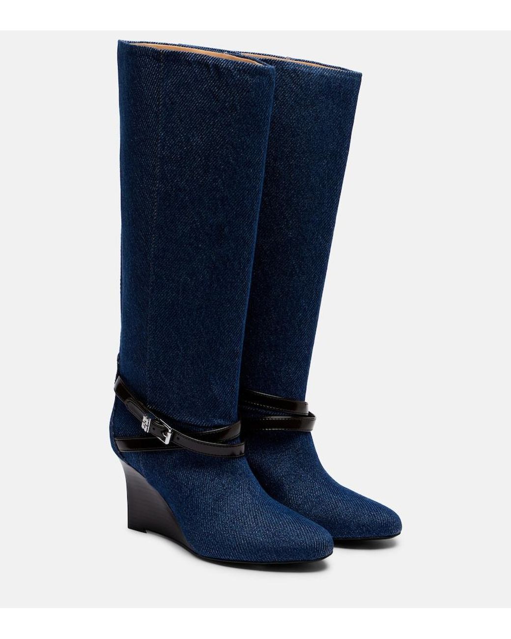Ganni Blue Kat Denim Knee-High Wedge Boots