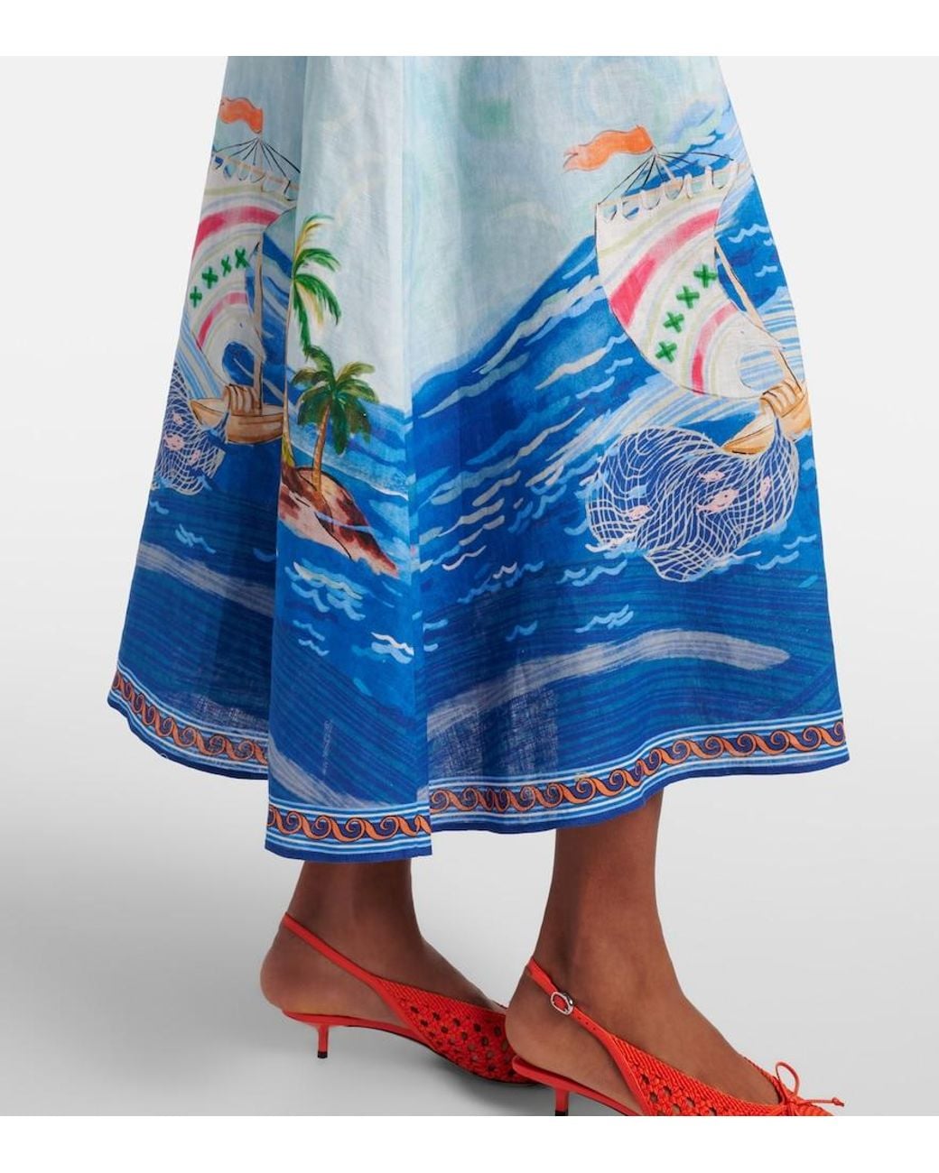 ALÉMAIS Blue Printed Linen Midi Dress