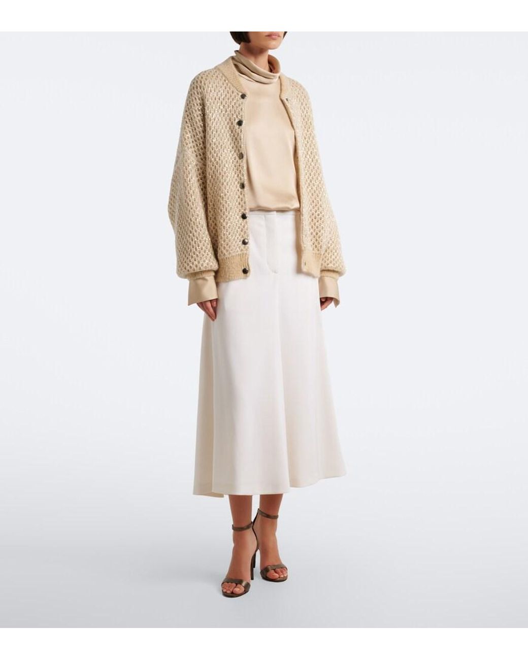 Brunello Cucinelli White Monili Wool Midi Skirt