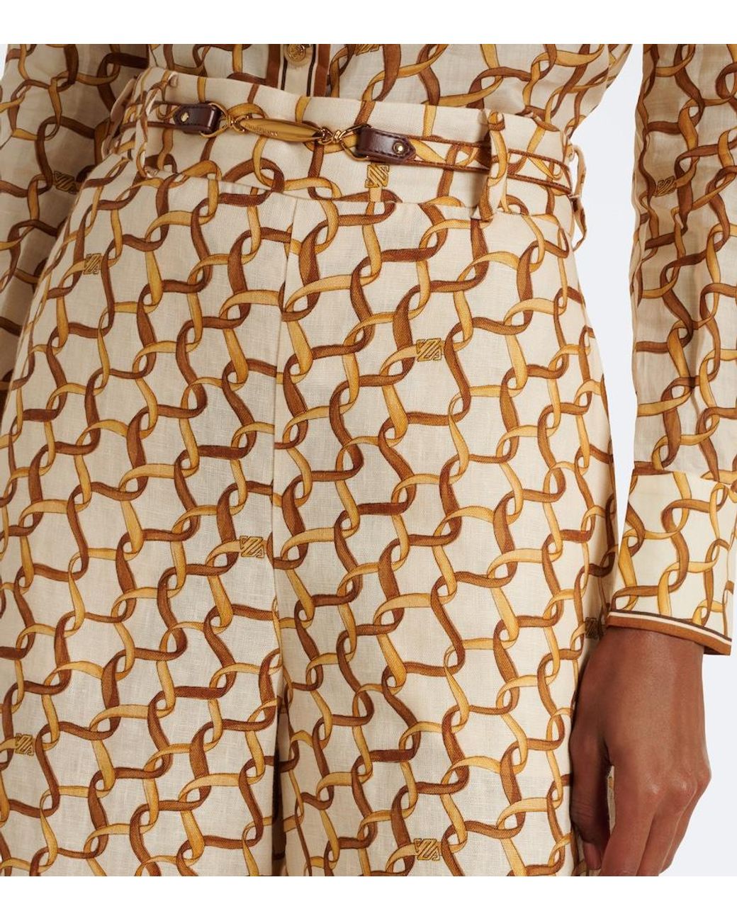 Zimmermann Metallic Belted Printed Linen Wide-Leg Pants