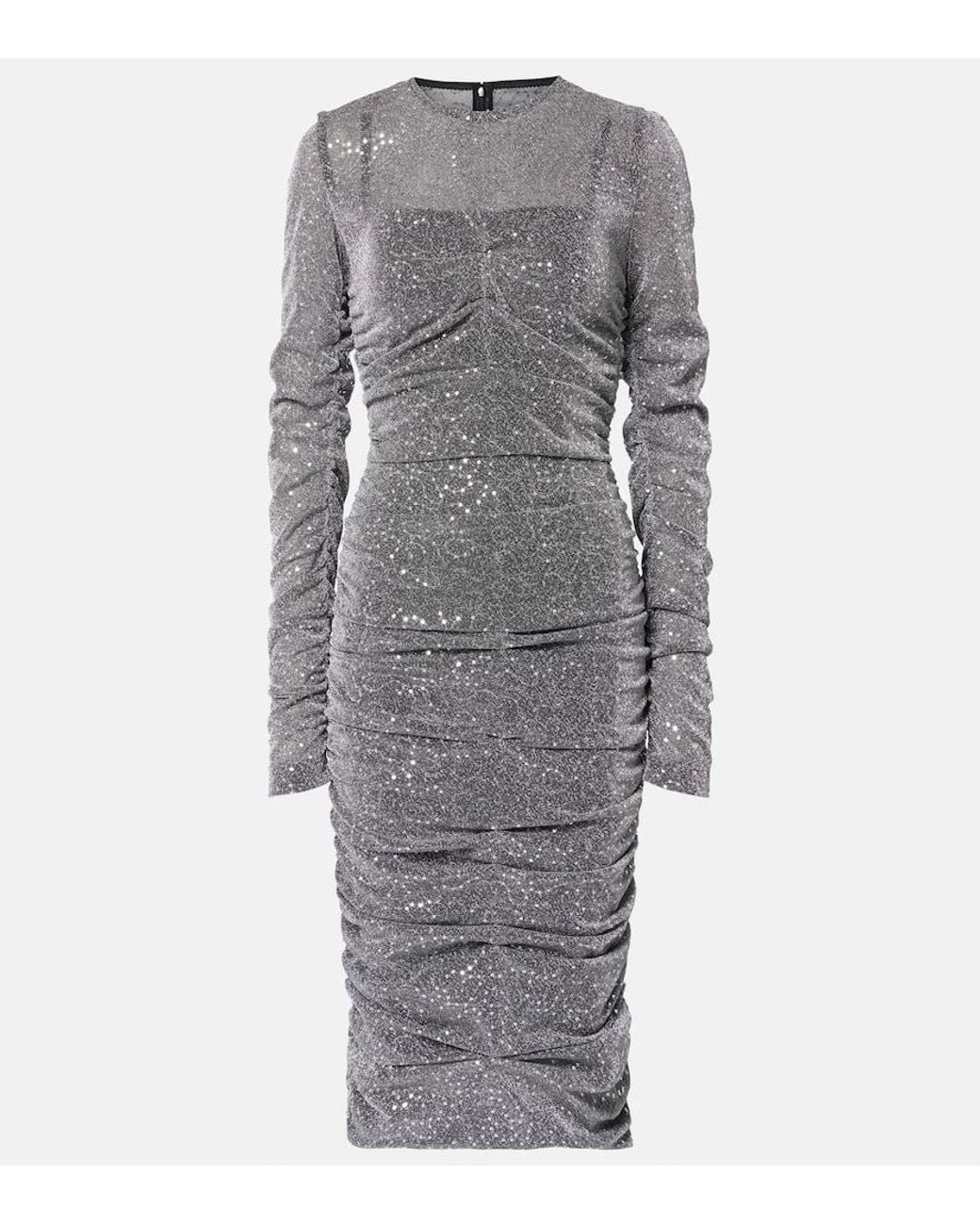 Dolce & Gabbana Gray Sequined Ruched Midi Dress