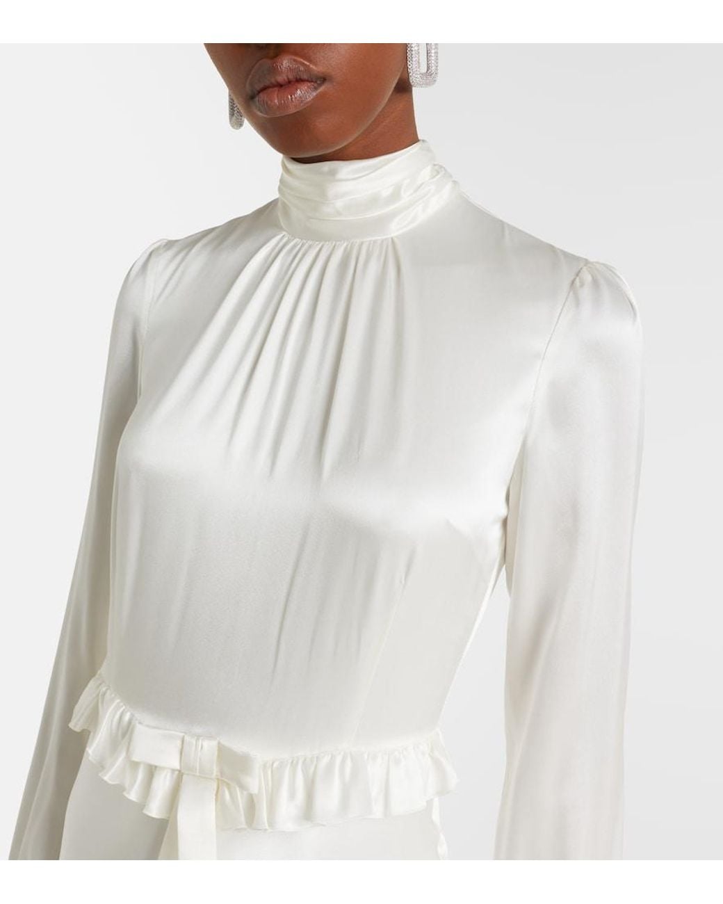 Alessandra Rich White Bow-Detail Ruffled Silk Satin Midi Dress