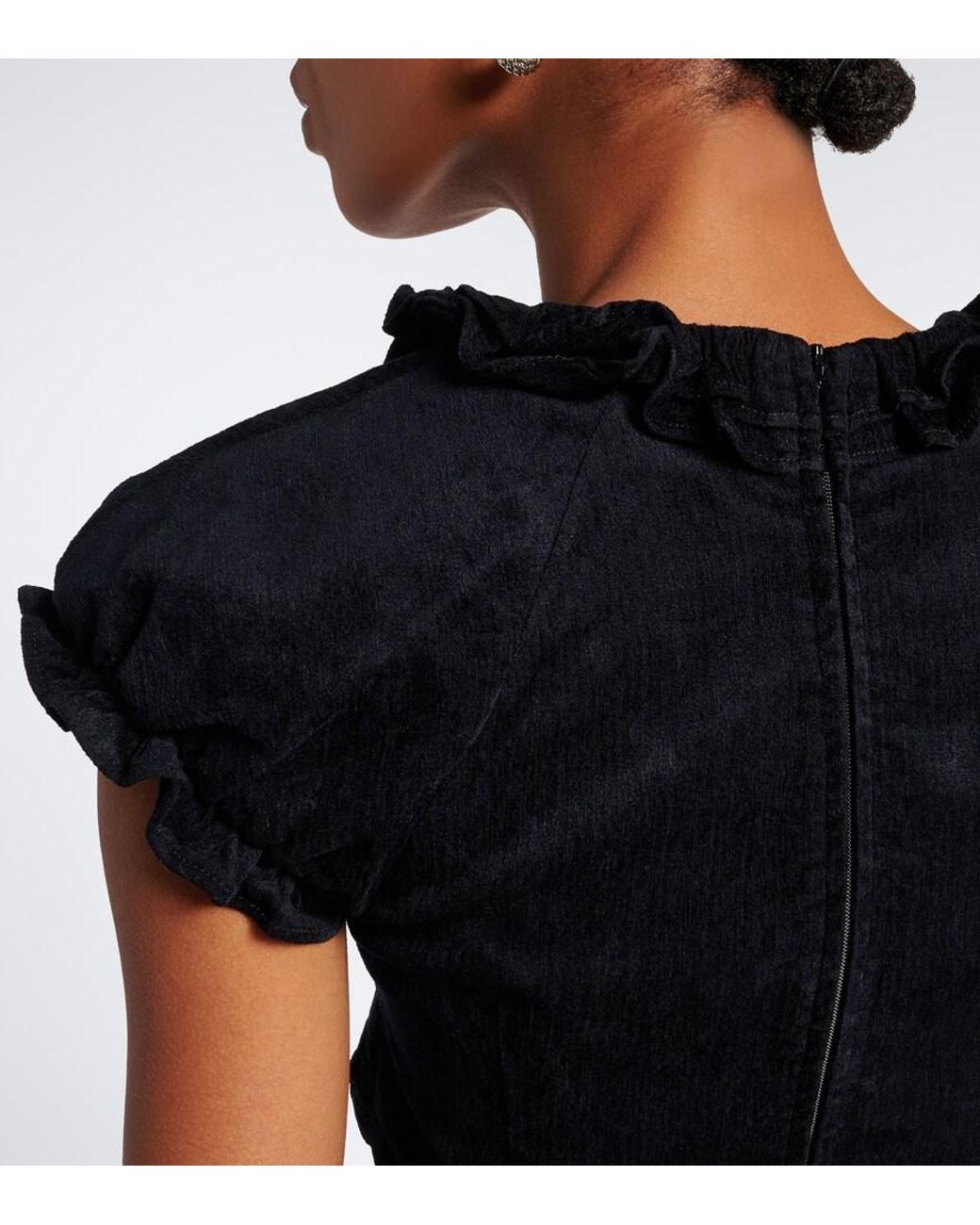 ShuShu/Tong Black Embellished Ruffled Cotton-Blend Top