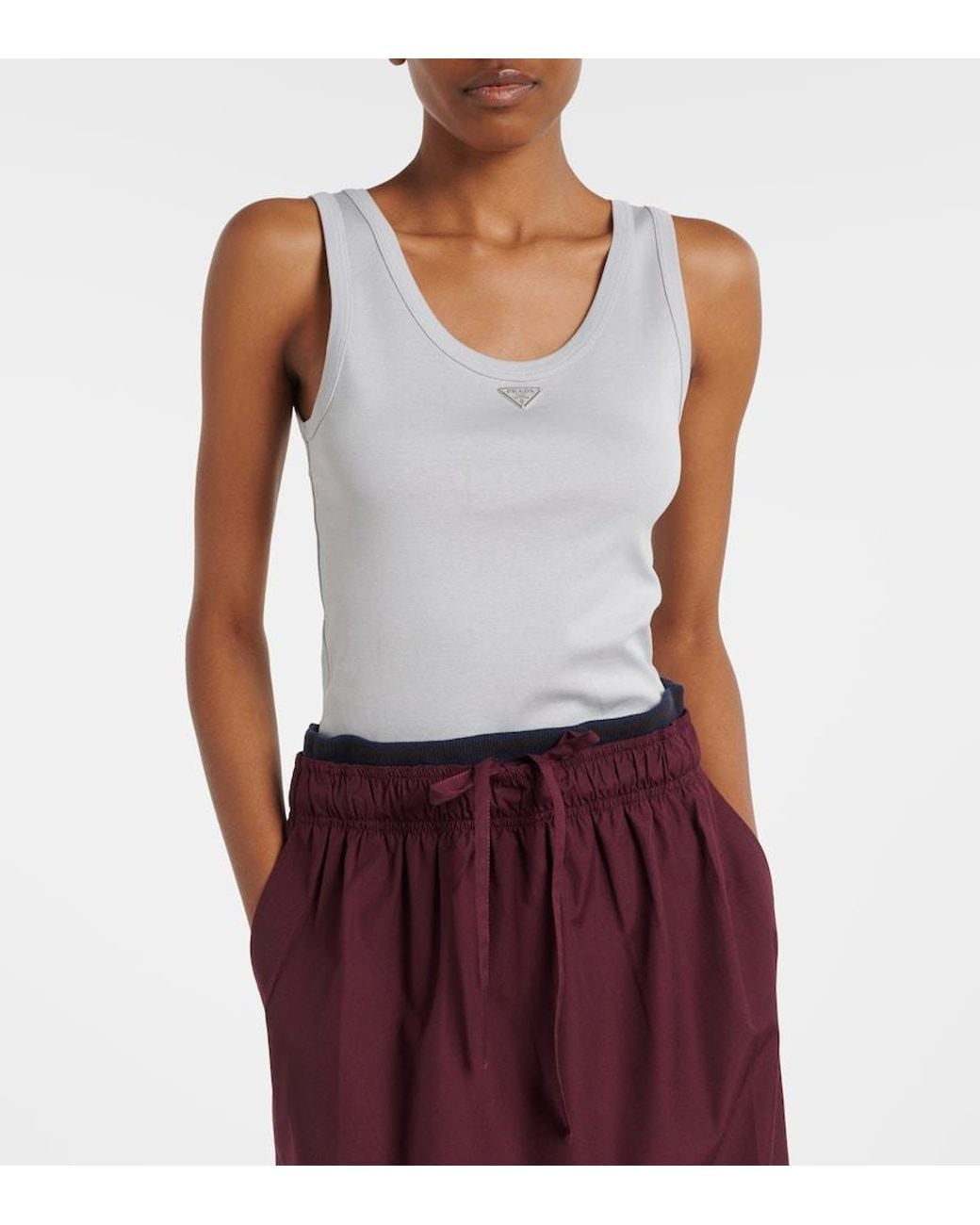 Prada Gray Ribbed-Knit Cotton Tank Top